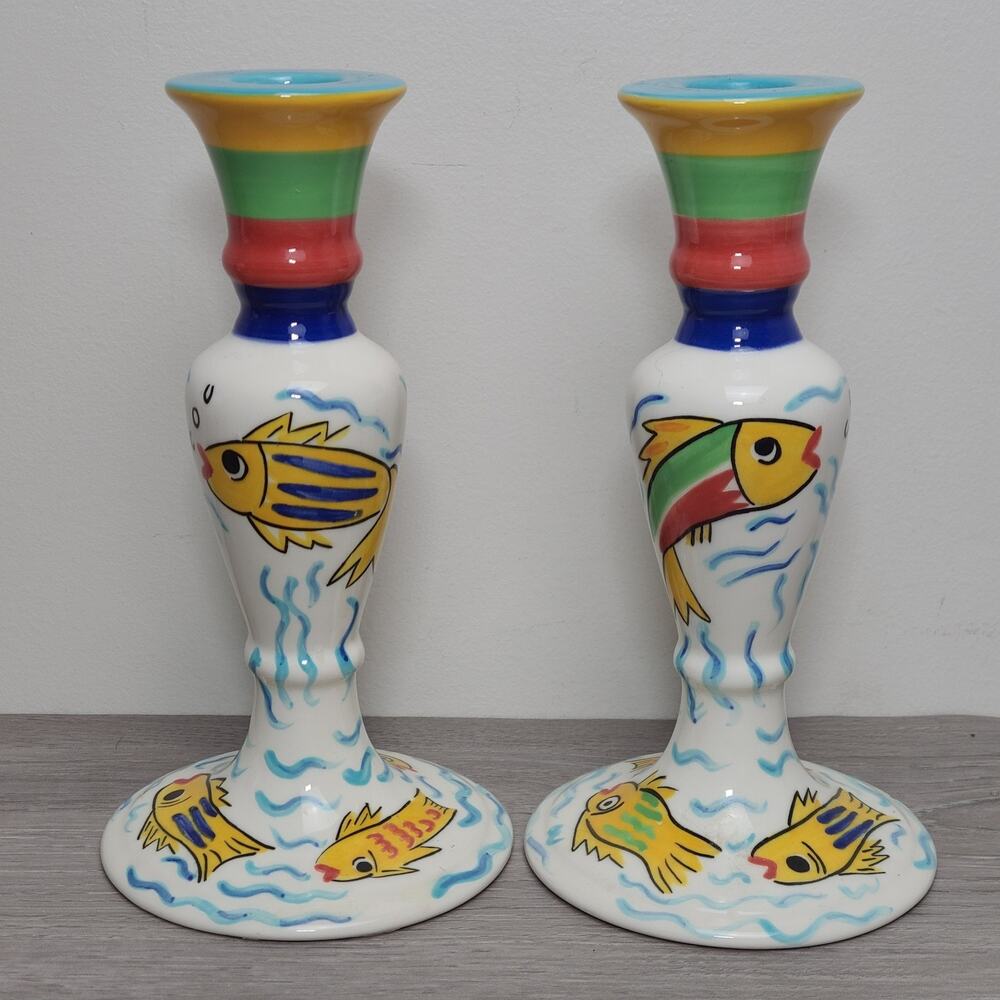 Strata Group Les Tropiques Hand Painted 8" Candlesticks Fish Multicolor Set